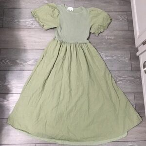 Sage Green Flutter Sleeve Ribbed Bodice IN FEBRUARY Romantic Midi Dress Boho M